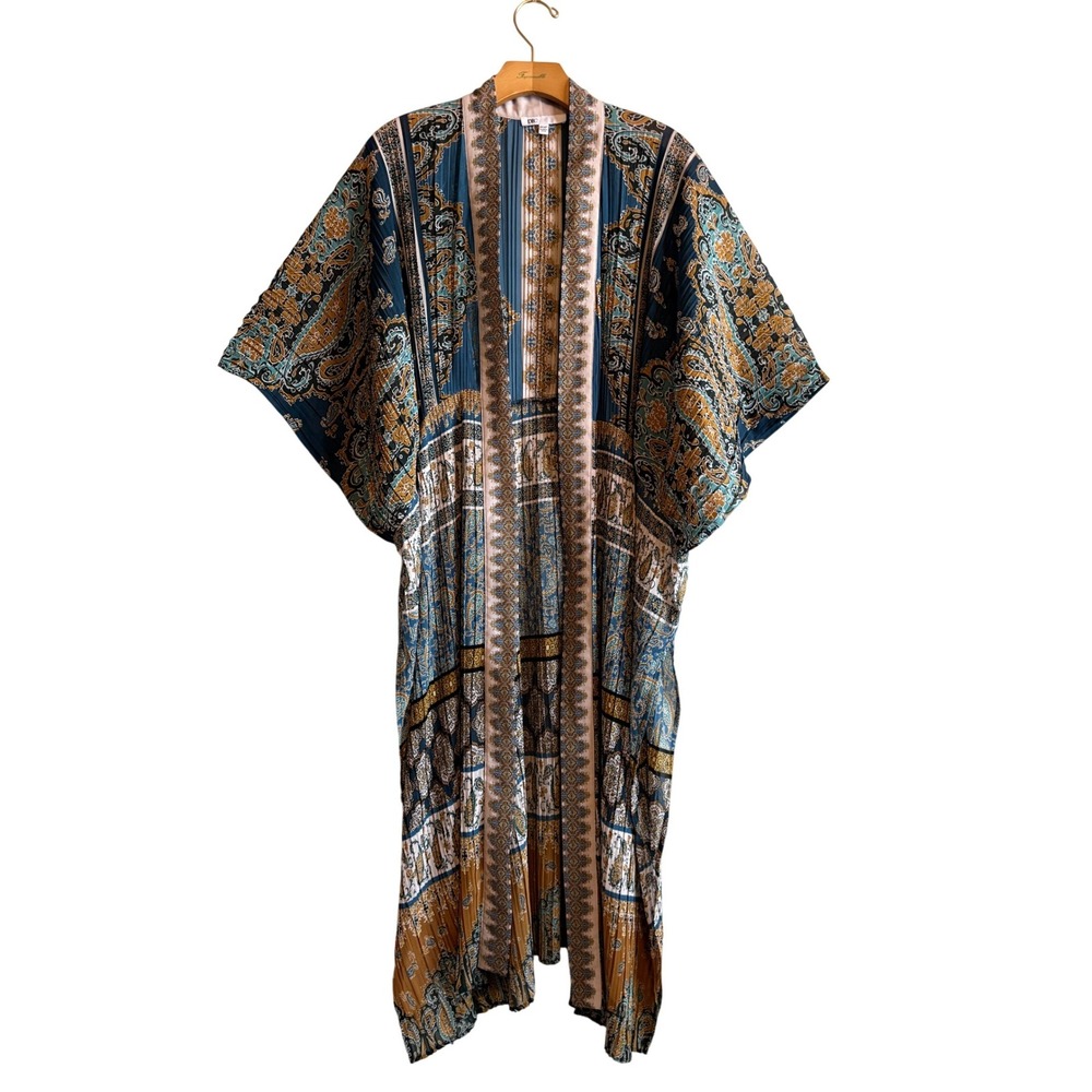 DR2 Blue Paisley Pleated Maxi Kimono Duster‎ Cover Up Open Front Cardigan OS